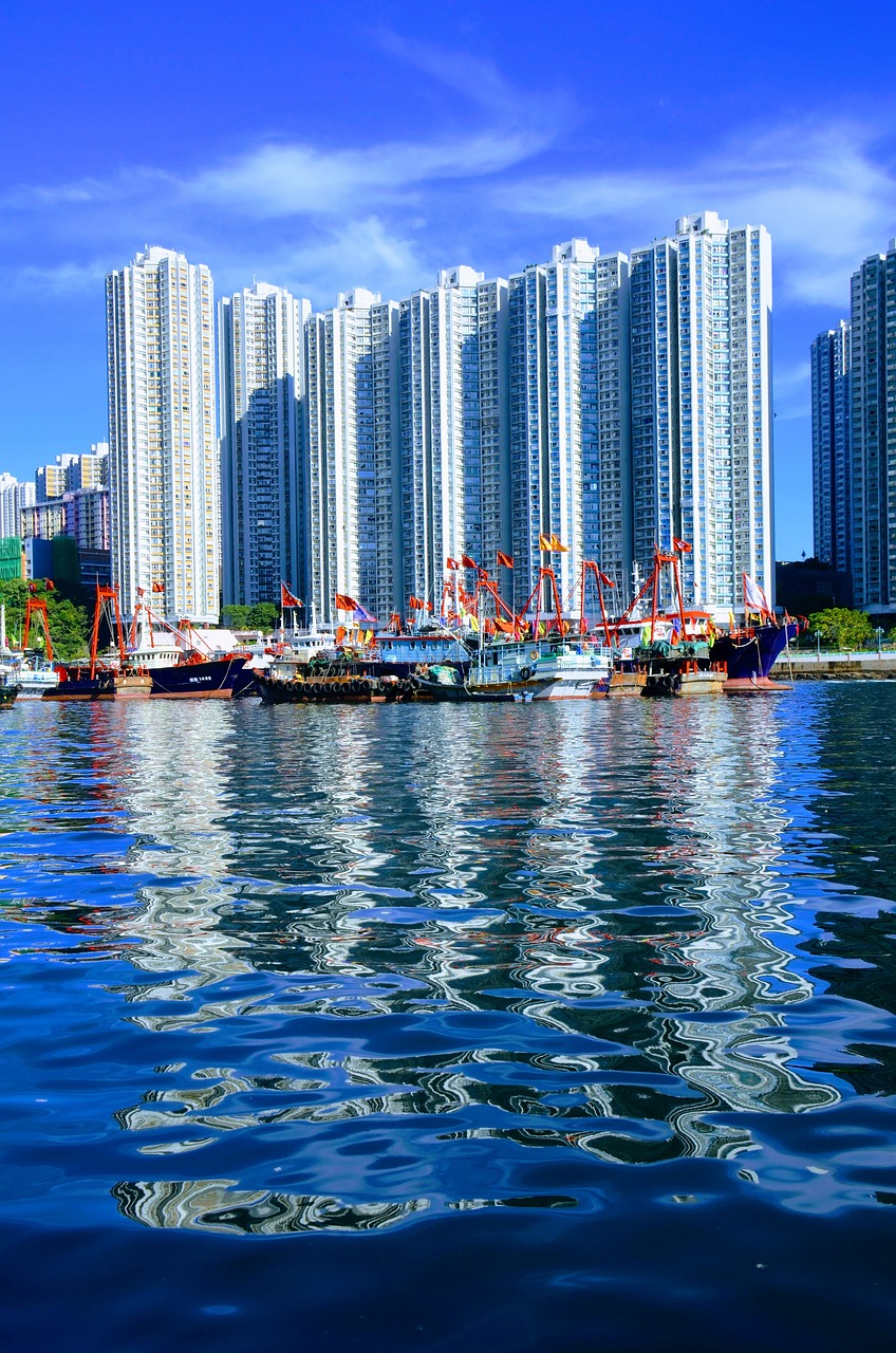 hong kong, skyscraper, reflection